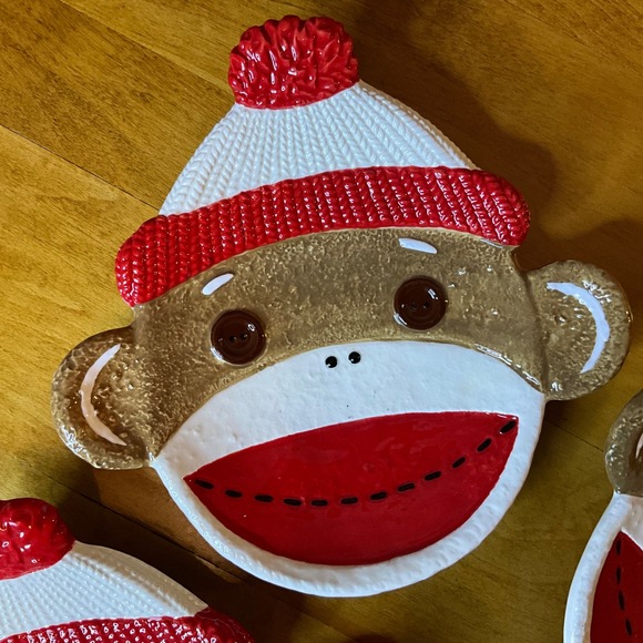 Set of 4 Sock Monkey Face Plates Dessert Appetizer Candy Trinket Dishes Granny - Picture 3 of 6